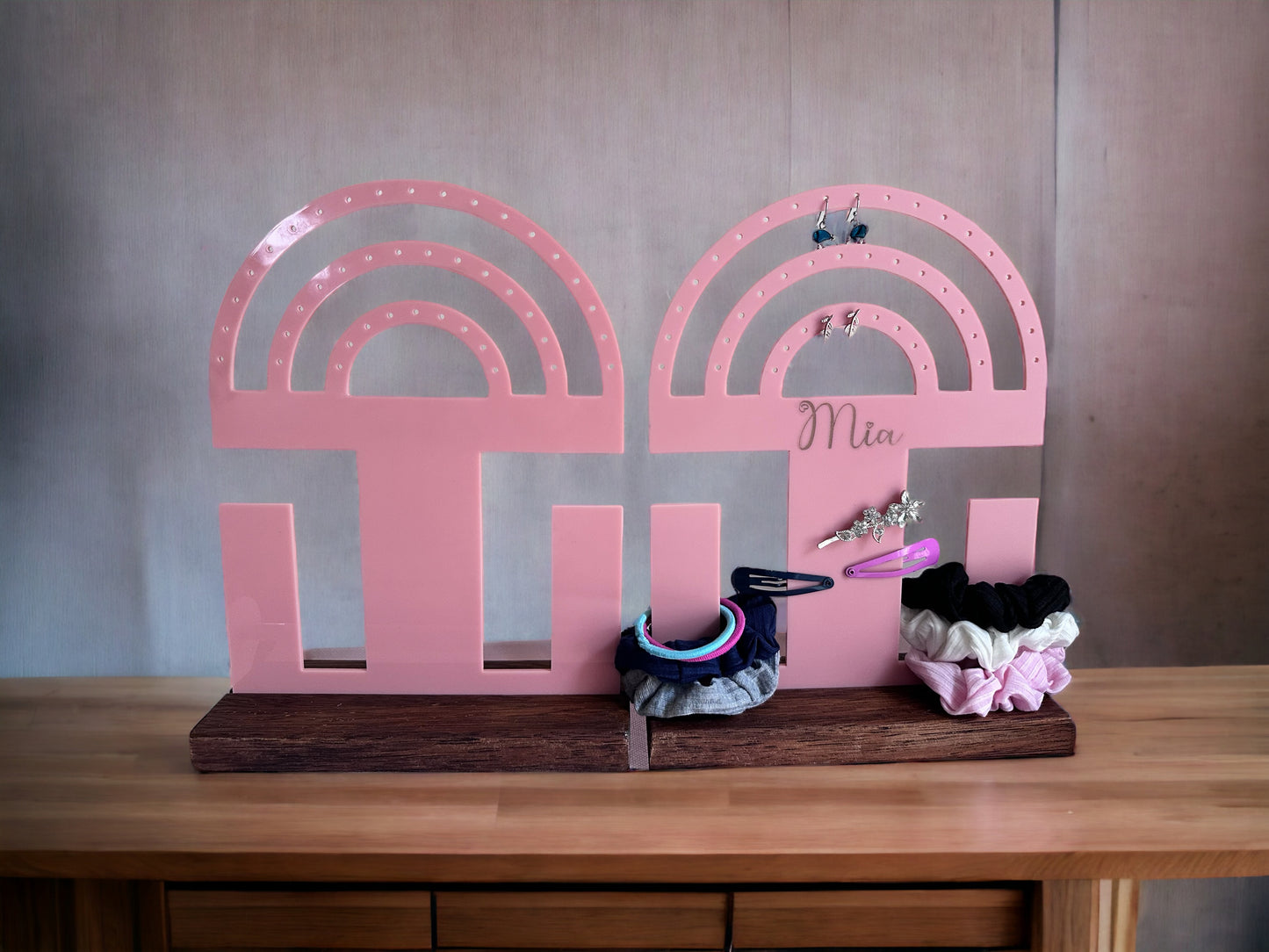 Personalised rainbow earring and double scrunchie holder